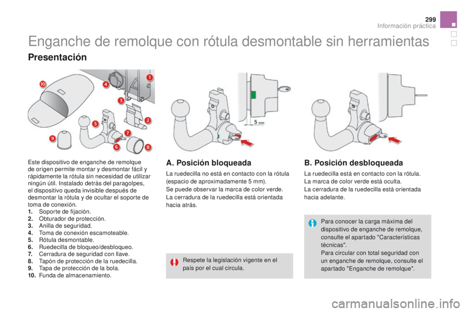CITROEN DS4 2015  Manuales de Empleo (in Spanish) 299
DS4_es_Chap10_info-pratiques_ed02-2015
Enganche de remolque con rótula desmontable sin herramientas
Para conocer la carga máxima del 
dispositivo de enganche de remolque, 
consulte el apartado &