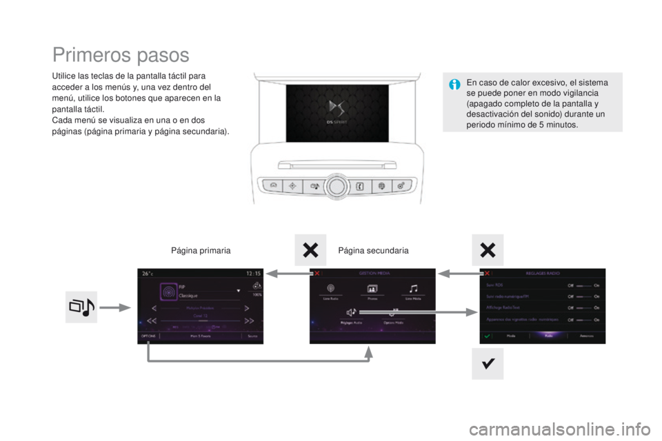 CITROEN DS4 2015 Manuales de Empleo (in Spanish) DS4_es_Chap12c_SMEGplus_ed02-2015
Primeros pasos
Utilice las teclas de la pantalla táctil para
acceder a los menús y, una vez dentro del
menú, utilice los botones que aparecen en la
pantalla tá CITROEN DS4 2015 Manuales de Empleo (in Spanish) DS4_es_Chap12c_SMEGplus_ed02-2015
Primeros pasos
Utilice las teclas de la pantalla táctil para
acceder a los menús y, una vez dentro del
menú, utilice los botones que aparecen en la
pantalla tá