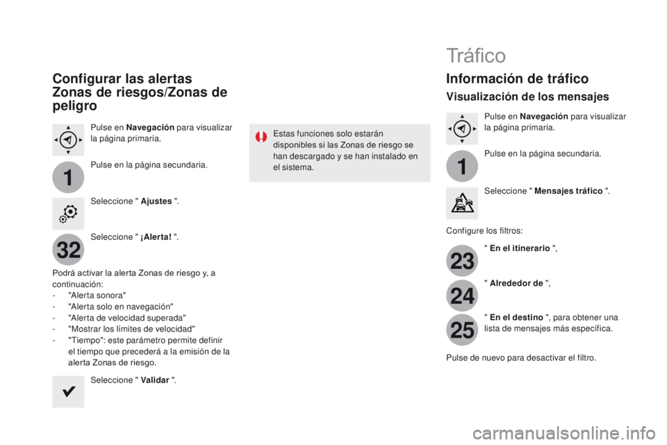CITROEN DS4 2015  Manuales de Empleo (in Spanish) 11
23
24
25
32
DS4_es_Chap12c_SMEGplus_ed02-2015
Configurar las alertas 
Zonas de riesgos/Zonas de 
peligro
Pulse en Navegación para visualizar 
la página primaria.
Pulse en la página secundaria.
S