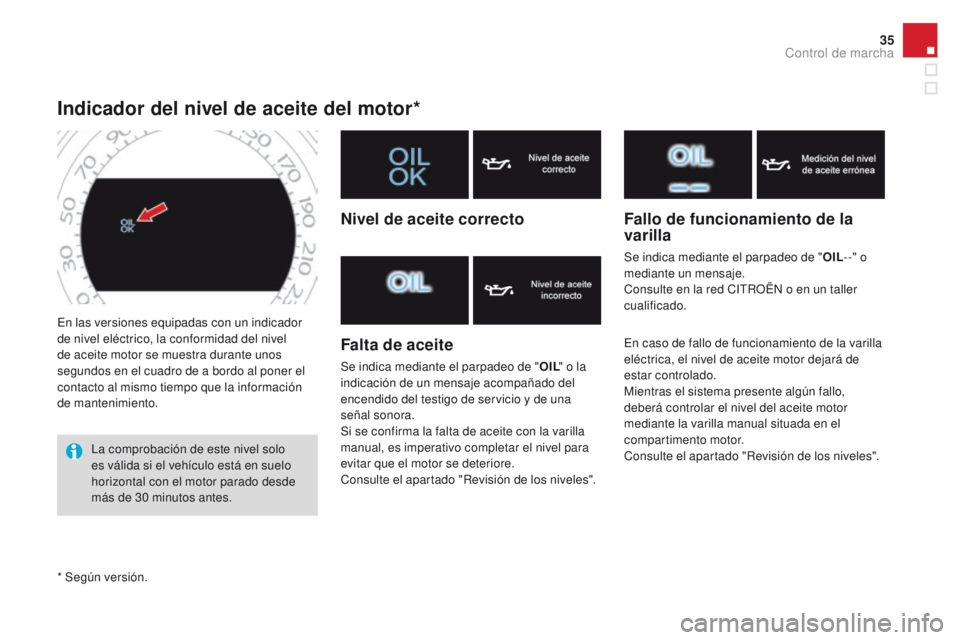 CITROEN DS4 2015  Manuales de Empleo (in Spanish) 35
DS4_es_Chap01_controle-de-marche_ed02-2015
En las versiones equipadas con un indicador 
de nivel eléctrico, la conformidad del nivel 
de aceite motor se muestra durante unos 
segundos en el cuadro