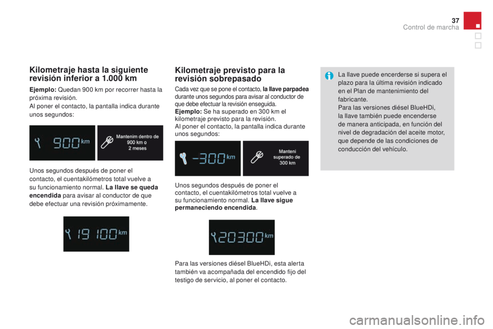 CITROEN DS4 2015 Manuales de Empleo (in Spanish) 37
DS4_es_Chap01_controle-de-marche_ed02-2015
Unos segundos después de poner el
contacto, el cuentakilómetros total vuelve a
su funcionamiento normal. La llave sigue
permaneciendo encendida. La l CITROEN DS4 2015 Manuales de Empleo (in Spanish) 37
DS4_es_Chap01_controle-de-marche_ed02-2015
Unos segundos después de poner el
contacto, el cuentakilómetros total vuelve a
su funcionamiento normal. La llave sigue
permaneciendo encendida. La l