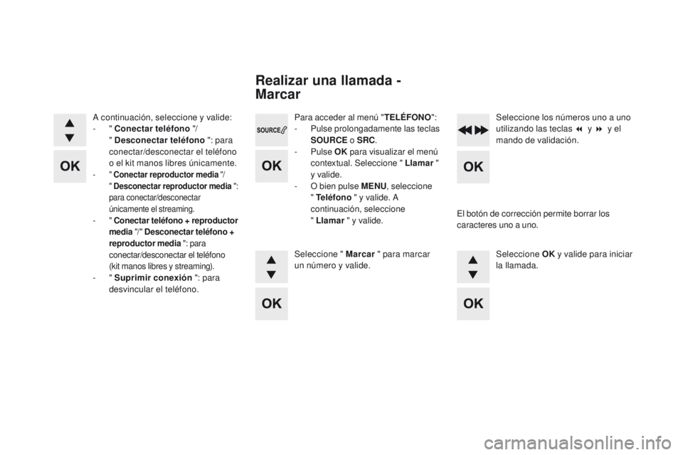 CITROEN DS4 2015 Manuales de Empleo (in Spanish) DS4_es_Chap12d_RD5_ed02-2015
Para acceder al menú "TELÉFONO":
- P ulse prolongadamente las teclas
SOURCE o SRC.
-
Pulse OK para visualizar el menú
contextual. Seleccione " Llamar CITROEN DS4 2015 Manuales de Empleo (in Spanish) DS4_es_Chap12d_RD5_ed02-2015
Para acceder al menú "TELÉFONO":
- P ulse prolongadamente las teclas
SOURCE o SRC.
-
Pulse OK para visualizar el menú
contextual. Seleccione " Llamar