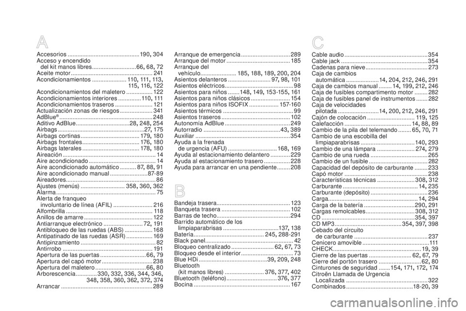 CITROEN DS4 2015  Manuales de Empleo (in Spanish) DS4_es_Chap13_index-alpha_ed02-2015
Accesorios ............................................ 19 0, 304
Acceso y encendido   del kit manos libres
  ...........................66, 68 , 72
Aceite motor
 .