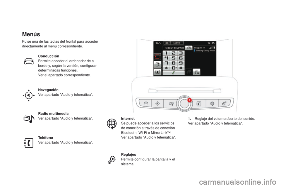 CITROEN DS4 2015  Manuales de Empleo (in Spanish) DS4_es_Chap01_controle-de-marche_ed02-2015
Menús
Navegación
Ver apartado "Audio y telemática".
Teléfono
Ver apartado "Audio y telemática". Radio multimedia
Ver apartado "Audio