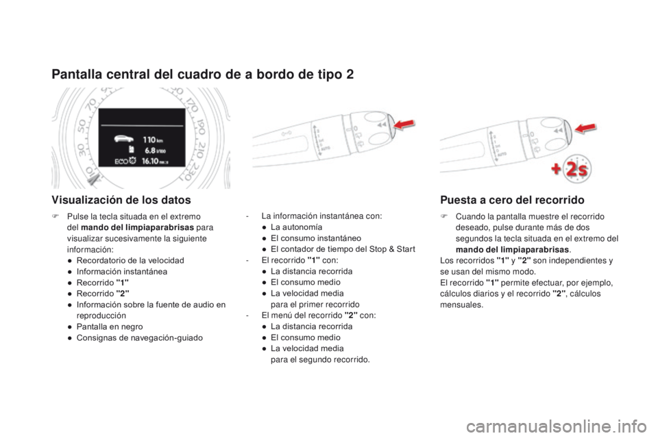 CITROEN DS4 2015  Manuales de Empleo (in Spanish) DS4_es_Chap01_controle-de-marche_ed02-2015
Pantalla central del cuadro de a bordo de tipo 2
Visualización de los datos
- La información instantánea con:●  L a autonomía
●
 
E
 l consumo instan