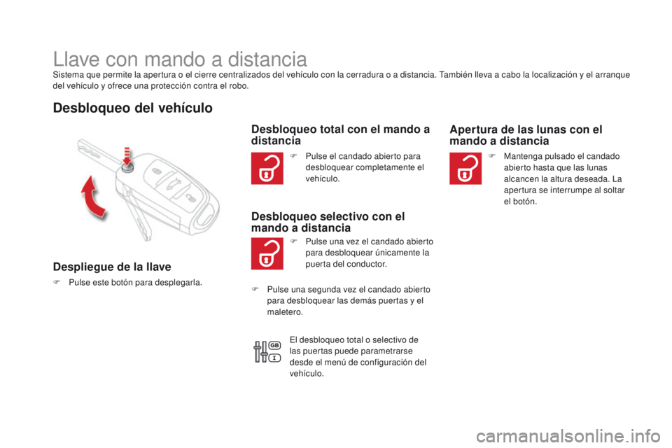 CITROEN DS4 2015 Manuales de Empleo (in Spanish) DS4_es_Chap02_ouvertures_ed02-2015
Llave con mando a distanciaSistema que permite la apertura o el cierre centralizados del vehículo con la cerradura o a distancia. También lleva a cabo la localizac CITROEN DS4 2015 Manuales de Empleo (in Spanish) DS4_es_Chap02_ouvertures_ed02-2015
Llave con mando a distanciaSistema que permite la apertura o el cierre centralizados del vehículo con la cerradura o a distancia. También lleva a cabo la localizac