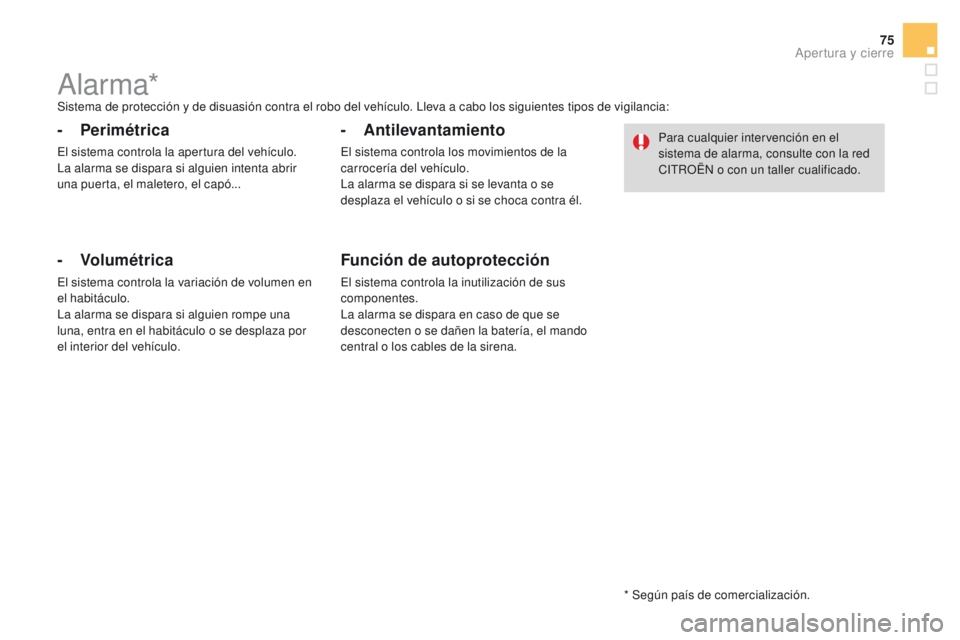 CITROEN DS4 2015 Manuales de Empleo (in Spanish) 75
DS4_es_Chap02_ouvertures_ed02-2015
Alarma*Sistema de protección y de disuasión contra el robo del vehículo. Lleva a cabo los siguientes tipos de vigilancia:
- Perimétrica
El sistema controla la CITROEN DS4 2015 Manuales de Empleo (in Spanish) 75
DS4_es_Chap02_ouvertures_ed02-2015
Alarma*Sistema de protección y de disuasión contra el robo del vehículo. Lleva a cabo los siguientes tipos de vigilancia:
- Perimétrica
El sistema controla la