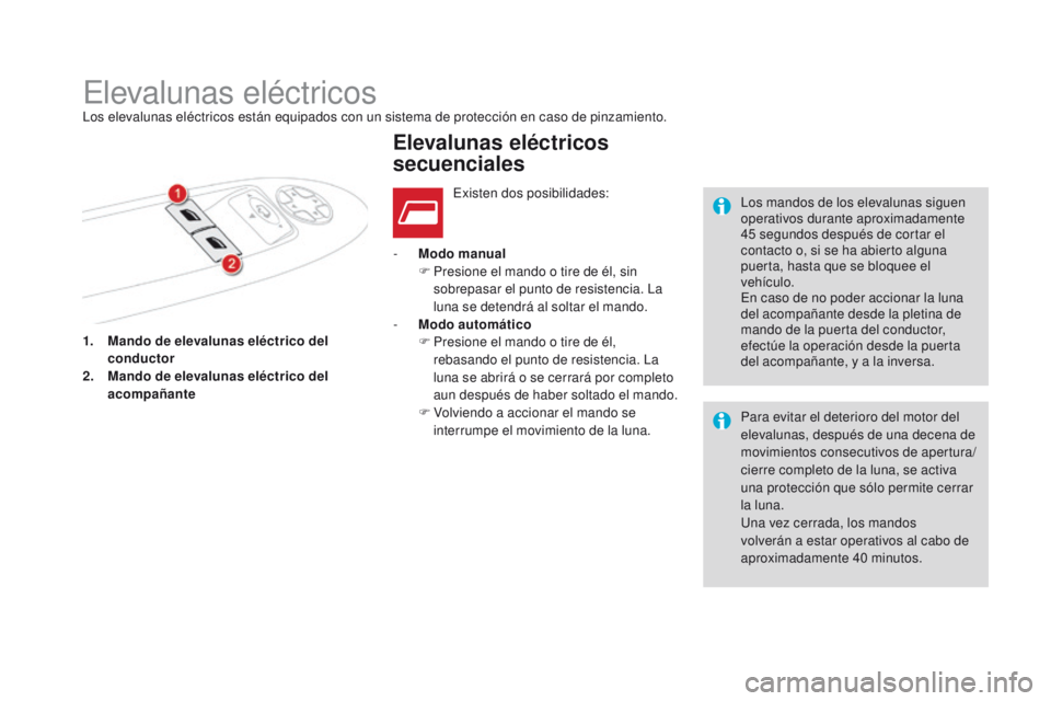 CITROEN DS4 2015 Manuales de Empleo (in Spanish) DS4_es_Chap02_ouvertures_ed02-2015
1. Mando de elevalunas eléctrico del conductor
2.
M
ando de elevalunas eléctrico del
acompañante -
M
odo manual
F
P
resione el mando o tire de él, sin
CITROEN DS4 2015 Manuales de Empleo (in Spanish) DS4_es_Chap02_ouvertures_ed02-2015
1. Mando de elevalunas eléctrico del conductor
2.
M
ando de elevalunas eléctrico del
acompañante -
M
odo manual
F
P
resione el mando o tire de él, sin