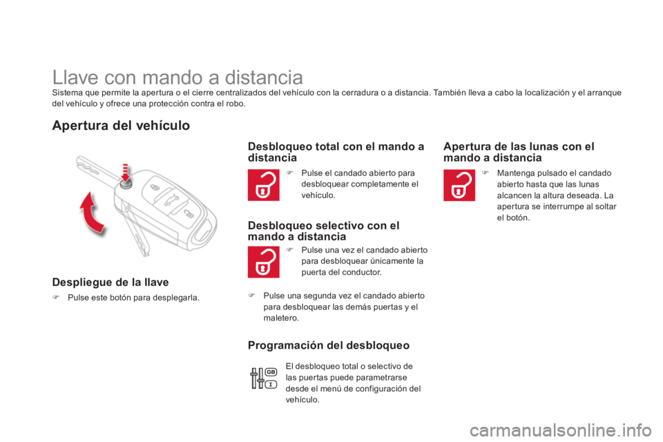 CITROEN DS4 2014  Manuales de Empleo (in Spanish)    
 
 
 
 
 
 
 
Llave con mando a distancia  
Sistema que permite la apertura o el cierre centralizados del vehículo con la cerradura o a distancia. También lleva a cabo la localización y el arra