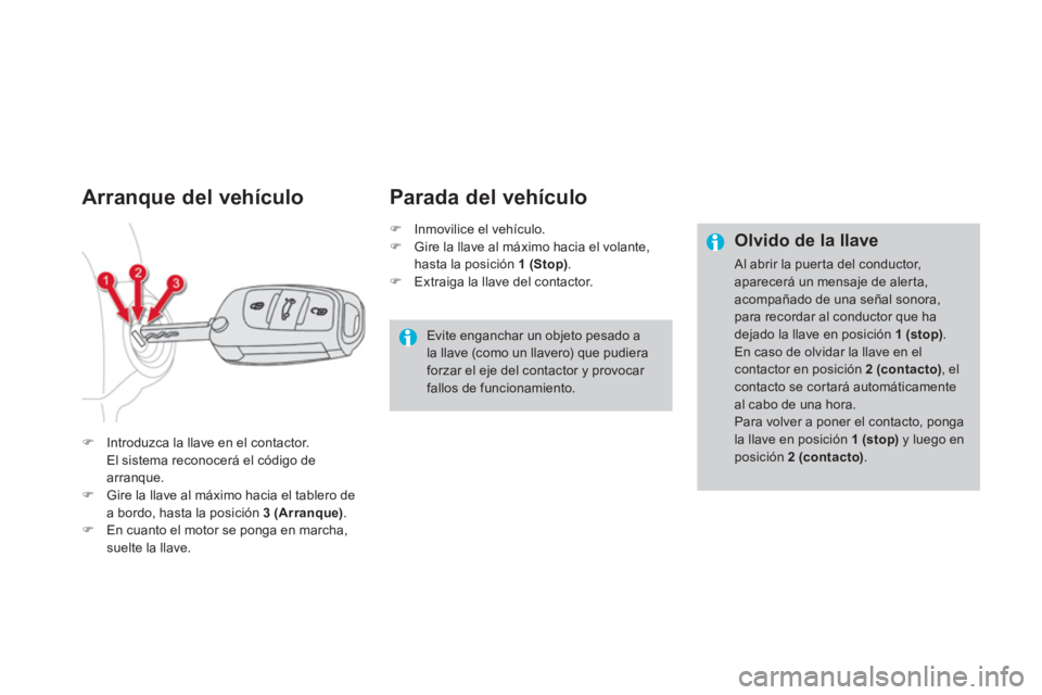 CITROEN DS4 2014  Manuales de Empleo (in Spanish)    
 
 
 
 
 
 
 
 
Arranque del vehículo 
 
 
 
�) 
  Introduzca la llave en el contactor.  
  El sistema reconocerá el código de 
arranque. 
   
�) 
  Gire la llave al máximo hacia el tablero de