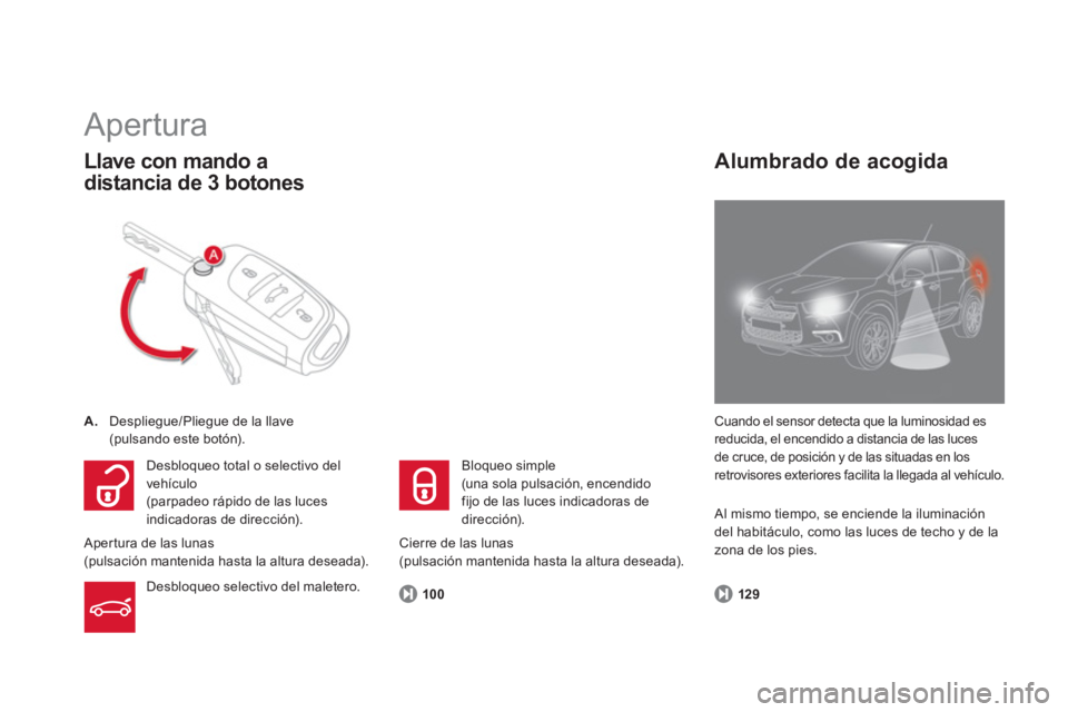 CITROEN DS4 2014  Manuales de Empleo (in Spanish)    
100 
 
 
 
Apertura 
 
 
 
A. 
  Despliegue/Pliegue de la llave  
  (pulsando este botón).  
 
 
Llave con mando a 
distancia de 3 botones 
  Cuando el sensor detecta que la luminosidad es 
reduc