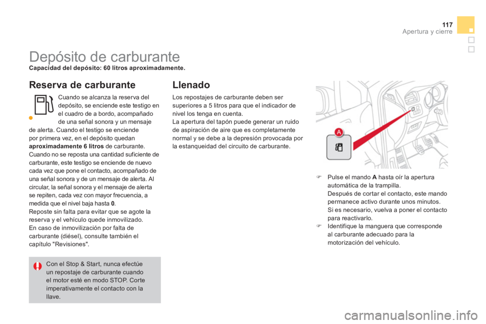 CITROEN DS4 2014  Manuales de Empleo (in Spanish) 11 7Apertura y cierre
   
 
 
 
 
 
 
 
 
 
 
 
 
 
 
 
 
 
 
 
Depósito de carburante  
 
Capacidad del depósito: 60 litros aproximadamente. 
 
 
 
Reserva de carburante 
 
Cuando se alcanza la res