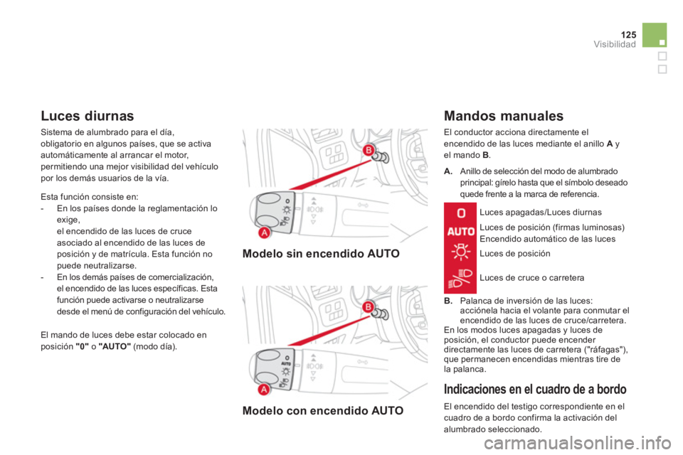 CITROEN DS4 2014  Manuales de Empleo (in Spanish) 125Visibilidad
   
 
Modelo sin encendido AUTO  
 
   
 
Modelo con encendido AUTO  
 
 
 
Mandos manuales 
 
El conductor acciona directamente el 
encendido de las luces mediante el anillo  A 
 y 
el