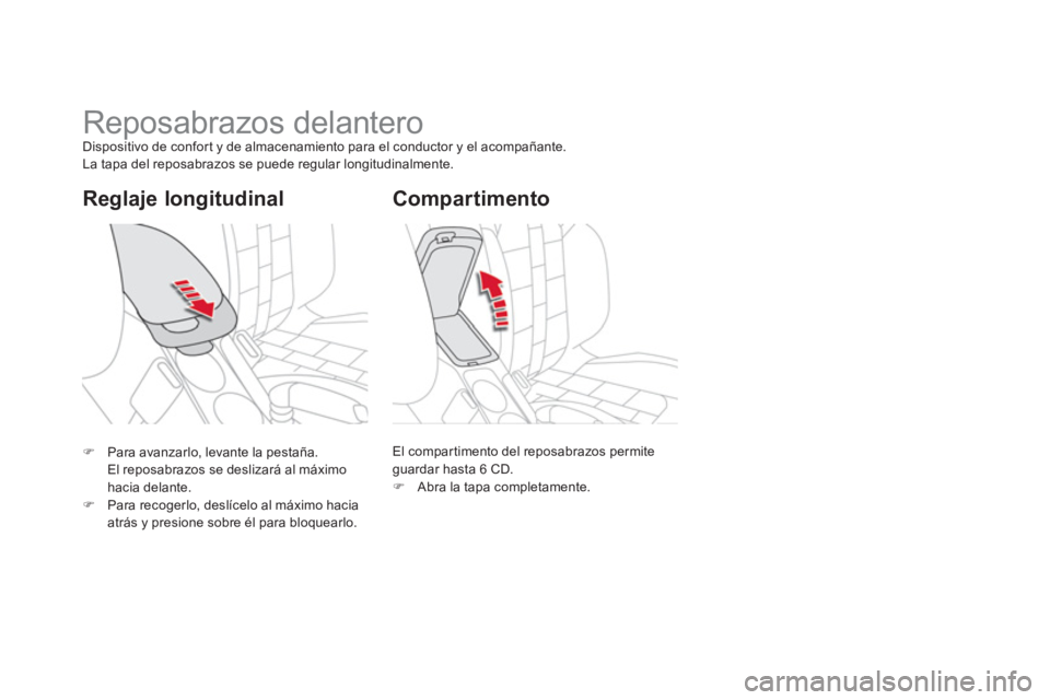 CITROEN DS4 2014  Manuales de Empleo (in Spanish)    
Reglaje longitudinal 
 
 
 
 
 
 
 
 
 
Reposabrazos delantero  
Dispositivo de confort y de almacenamiento para el conductor y el acompañante. 
  La tapa del reposabrazos se puede regular longit