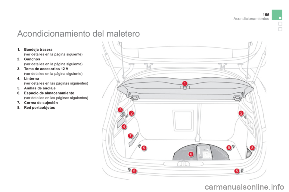 CITROEN DS4 2014  Manuales de Empleo (in Spanish) 155Acondicionamientos
   
 
1. 
  Bandeja trasera 
 
 
  (ver detalles en la página siguiente) 
   
2. 
  Ganchos 
 
 
  (ver detalles en la página siguiente) 
   
3. 
  Toma de accesorios 12 V 
 
 