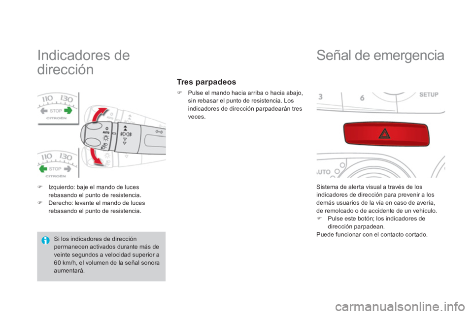 CITROEN DS4 2014  Manuales de Empleo (in Spanish)    
 
 
 
 
 
 
 
 
 
 
Indicadores de 
dirección 
   
 
�) 
  Izquierdo: baje el mando de luces 
rebasando el punto de resistencia. 
   
�) 
  Derecho: levante el mando de luces 
rebasando el punto 