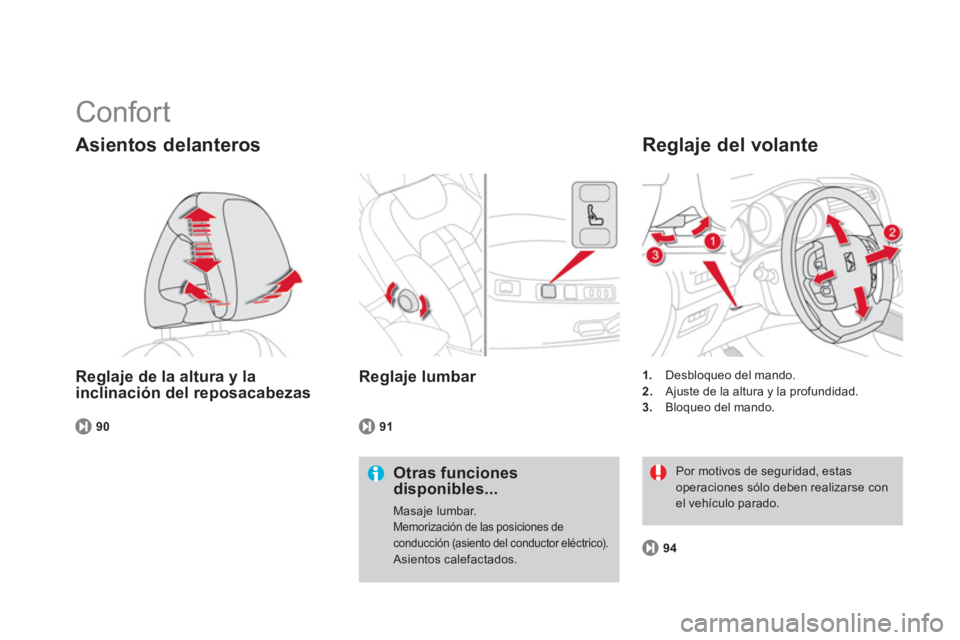 CITROEN DS4 2014  Manuales de Empleo (in Spanish)   Confort 
 
 
Reglaje de la altura y la 
inclinación del reposacabezas 
   
Asientos delanteros 
 
 
Otras funciones 
disponibles... 
  Masaje lumbar.  
Memorización de las posiciones de 
conducci�