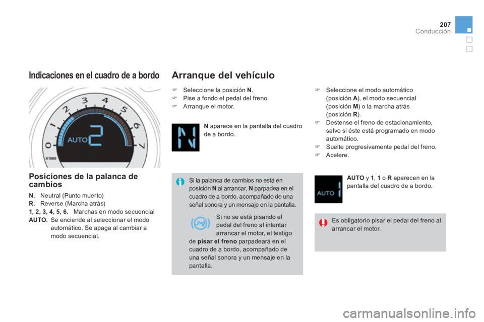 CITROEN DS4 2014  Manuales de Empleo (in Spanish) 207Conducción
   
Posiciones de la palanca de 
cambios 
   
N. 
   Neutral (Punto muerto) 
   
R. 
   Reverse (Marcha atrás) 
   
1, 2, 3, 4, 5, 6. 
   Marchas en modo secuencial 
   
AUTO. 
   Se e