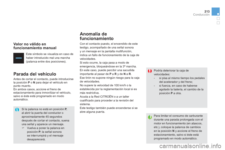 CITROEN DS4 2014  Manuales de Empleo (in Spanish) 213Conducción
   
Valor no válido en 
funcionamiento manual 
  Este símbolo se visualiza en caso de 
haber introducido mal una marcha 
(palanca entre dos posiciones).  
 
 
 
Parada del vehículo 
