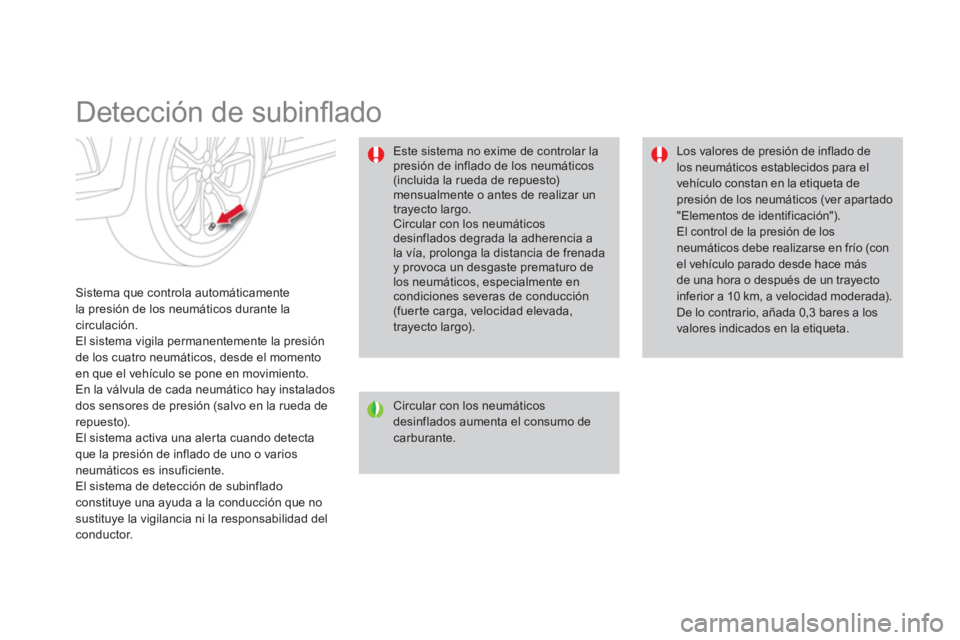CITROEN DS4 2014  Manuales de Empleo (in Spanish)    
 
 
 
 
 
Detección de subinﬂ ado 
 
 
Sistema que controla automáticamente 
la presión de los neumáticos durante la 
circulación. 
  El sistema vigila permanentemente la presión 
de los c