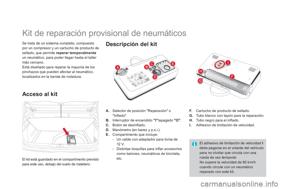 CITROEN DS4 2014  Manuales de Empleo (in Spanish)    
 
 
 
 
 
 
 
 
 
 
 
 
 
 
 
 
Kit de reparación provisional de neumáticos 
 
 
Se trata de un sistema completo, compuesto 
por un compresor y un cartucho de producto de 
sellado, que permite  
