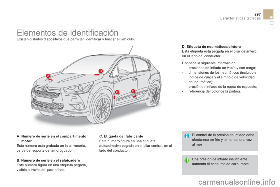 CITROEN DS4 2014 Manuales de Empleo (in Spanish) 297Características técnicas
Elementos de identifi cación
Existen distintos dispositivos que permiten identificar y buscar el vehículo.
A. Número de se CITROEN DS4 2014 Manuales de Empleo (in Spanish) 297Características técnicas
Elementos de identifi cación
Existen distintos dispositivos que permiten identificar y buscar el vehículo.
A. Número de se