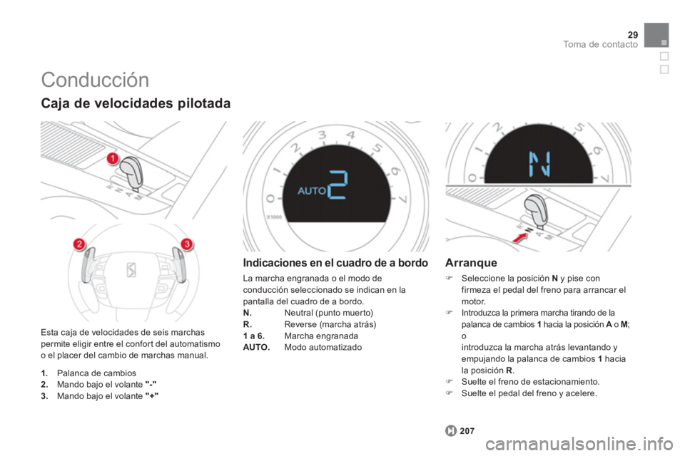 CITROEN DS4 2014  Manuales de Empleo (in Spanish) 29To m a  d e  c o n t a c t o
  Conducción 
 
Esta caja de velocidades de seis marchas 
permite eligir entre el confort del automatismo 
o el placer del cambio de marchas manual. 
   
Caja de veloci