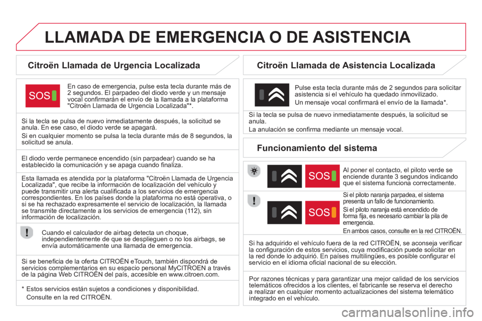 CITROEN DS4 2014 Manuales de Empleo (in Spanish)
LLAMADA DE EMERGENCIA O DE ASISTENCIA
Citroën Llamada de Urgencia Localizada
En caso de emergencia, pulse esta tecla durante más de
2 segundos. CITROEN DS4 2014 Manuales de Empleo (in Spanish)
LLAMADA DE EMERGENCIA O DE ASISTENCIA
Citroën Llamada de Urgencia Localizada
En caso de emergencia, pulse esta tecla durante más de
2 segundos.