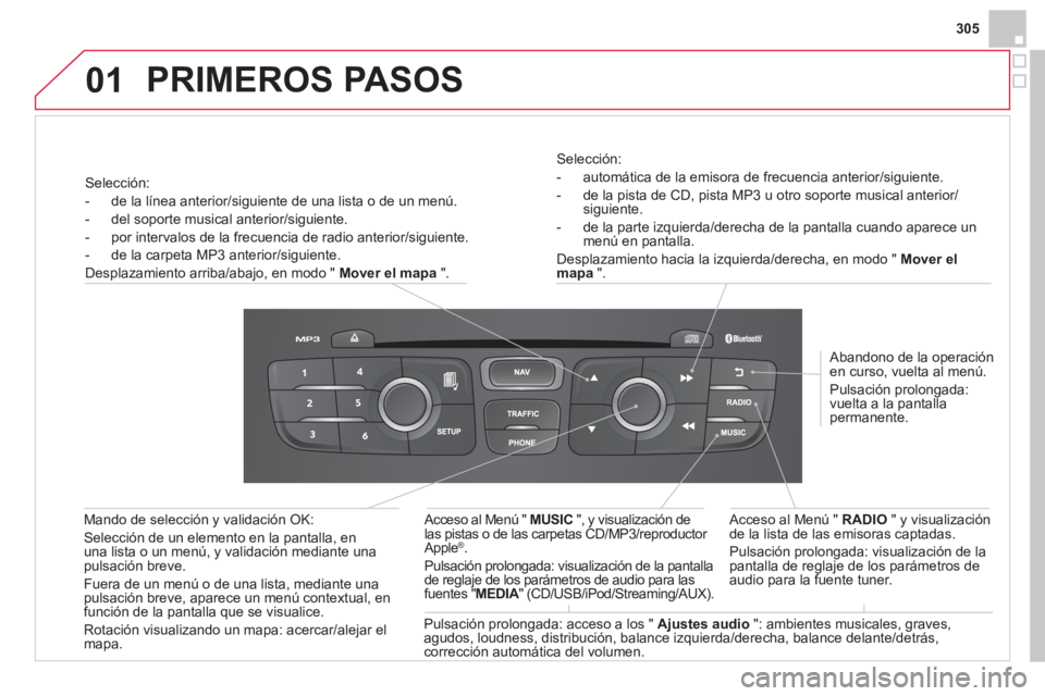 CITROEN DS4 2014 Manuales de Empleo (in Spanish) 01
305
Selección:
- automática de la emisora de frecuencia anterior/siguiente.
- de la pista de CD, pista MP3 u otro soporte musical anterior/
siguiente.
- de la parte izq CITROEN DS4 2014 Manuales de Empleo (in Spanish) 01
305
Selección:
- automática de la emisora de frecuencia anterior/siguiente.
- de la pista de CD, pista MP3 u otro soporte musical anterior/
siguiente.
- de la parte izq