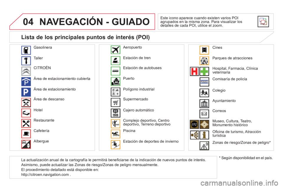 CITROEN DS4 2014 Manuales de Empleo (in Spanish) 04 NAVEGACIÓN - GUIADO
Este icono aparece cuando existen varios POI
agrupados en la misma zona. Para visualizar los
detalles de cada POI, utilice el zoom.
Gasolinera
Taller
CITROËN CITROEN DS4 2014 Manuales de Empleo (in Spanish) 04 NAVEGACIÓN - GUIADO
Este icono aparece cuando existen varios POI
agrupados en la misma zona. Para visualizar los
detalles de cada POI, utilice el zoom.
Gasolinera
Taller
CITROËN