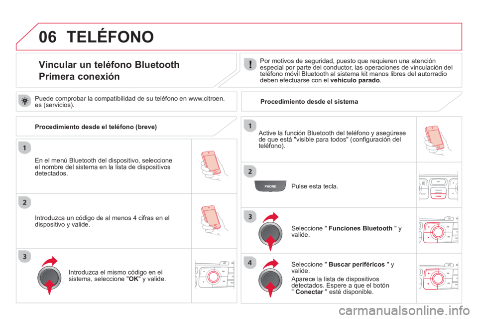 CITROEN DS4 2014  Manuales de Empleo (in Spanish) 06
   
 
 
 
 
 
 
 
 
 
 
 
 
 
 
Vincular un teléfono Bluetooth  
Primera conexión    
Por motivos de seguridad, puesto que requieren una atención 
especial por parte del conductor, las operacion