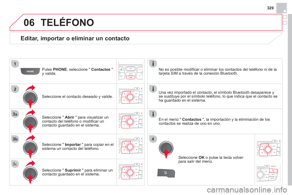 CITROEN DS4 2014 Manuales de Empleo (in Spanish) 06
329
Editar, importar o eliminar un contacto
Pulse PHONE
, seleccione " Contactos
"
y valide.
Seleccione el contacto deseado y valide.
Seleccione " Importar
" para copi CITROEN DS4 2014 Manuales de Empleo (in Spanish) 06
329
Editar, importar o eliminar un contacto
Pulse PHONE
, seleccione " Contactos
"
y valide.
Seleccione el contacto deseado y valide.
Seleccione " Importar
" para copi
