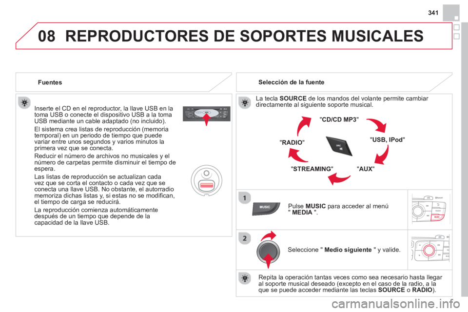 CITROEN DS4 2014 Manuales de Empleo (in Spanish) 08
341
REPRODUCTORES DE SOPORTES MUSICALES
Fuentes
Inserte el CD en el reproductor, la llave USB en la
toma USB o conecte el dispositivo USB a la toma
USB mediante un cable adaptado ( CITROEN DS4 2014 Manuales de Empleo (in Spanish) 08
341
REPRODUCTORES DE SOPORTES MUSICALES
Fuentes
Inserte el CD en el reproductor, la llave USB en la
toma USB o conecte el dispositivo USB a la toma
USB mediante un cable adaptado (