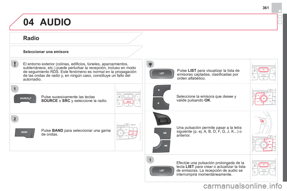 CITROEN DS4 2014 Manuales de Empleo (in Spanish) 361
04 AUDIO
Pulse sucesivamente las teclas
SOURCE
o SRC
y seleccione la radio.
Pulse BAND
para seleccionar una gama
de ondas.
Pulse LIST
para visualizar la lista de
e CITROEN DS4 2014 Manuales de Empleo (in Spanish) 361
04 AUDIO
Pulse sucesivamente las teclas
SOURCE
o SRC
y seleccione la radio.
Pulse BAND
para seleccionar una gama
de ondas.
Pulse LIST
para visualizar la lista de
e