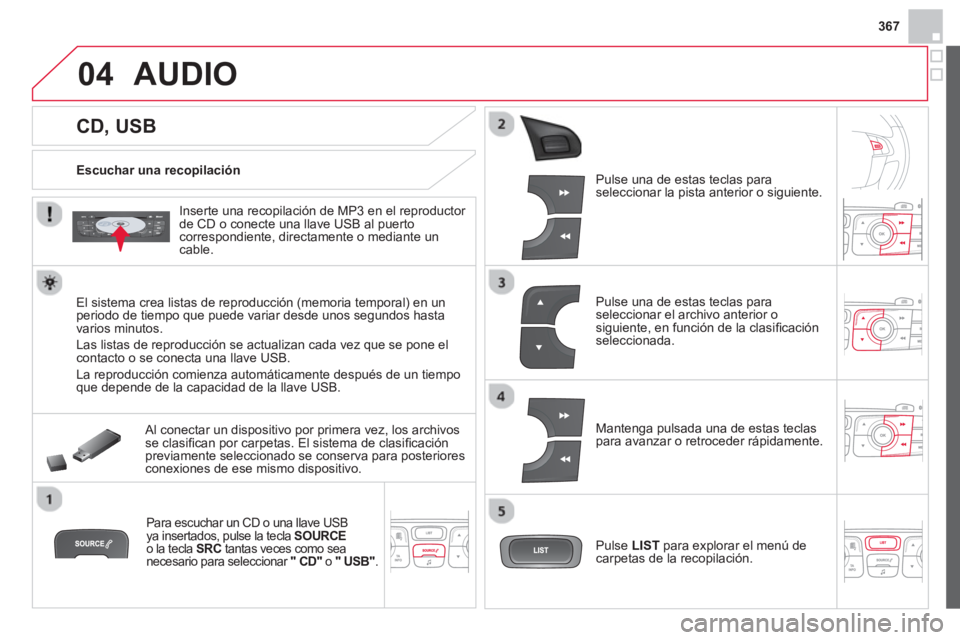 CITROEN DS4 2014 Manuales de Empleo (in Spanish) 367
04
CD, USB
AUDIO
Escuchar una recopilación
Inserte una recopilación de MP3 en el reproductor
de CD o conecte una llave USB al puerto
correspondiente, di CITROEN DS4 2014 Manuales de Empleo (in Spanish) 367
04
CD, USB
AUDIO
Escuchar una recopilación
Inserte una recopilación de MP3 en el reproductor
de CD o conecte una llave USB al puerto
correspondiente, di