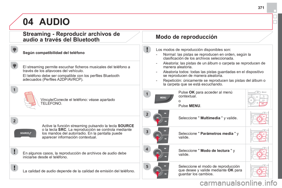 CITROEN DS4 2014 Manuales de Empleo (in Spanish) 371
04 AUDIO
Streaming - Reproducir archivos de
audio a través del Bluetooth
Según compatibilidad del teléfono
Vincule/Conecte el teléfono: véase apartado
TELÉFONO. CITROEN DS4 2014 Manuales de Empleo (in Spanish) 371
04 AUDIO
Streaming - Reproducir archivos de
audio a través del Bluetooth
Según compatibilidad del teléfono
Vincule/Conecte el teléfono: véase apartado
TELÉFONO.