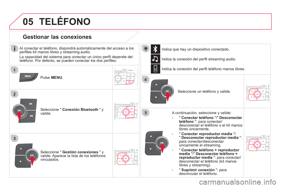 CITROEN DS4 2014 Manuales de Empleo (in Spanish)
05 TELÉFONO
Al conectar el teléfono, dispondrá automáticamente del acceso a los
perfi les kit manos libres y streaming audio.
La capacidad del sistema para conectar un único perfi CITROEN DS4 2014 Manuales de Empleo (in Spanish)
05 TELÉFONO
Al conectar el teléfono, dispondrá automáticamente del acceso a los
perfi les kit manos libres y streaming audio.
La capacidad del sistema para conectar un único perfi