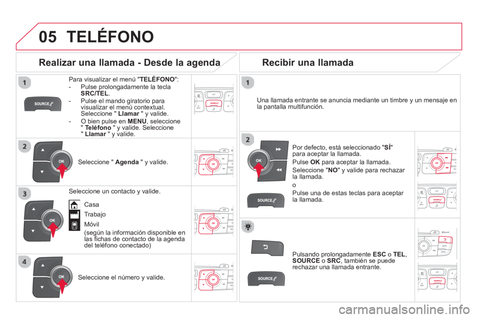 CITROEN DS4 2014 Manuales de Empleo (in Spanish)
05 TELÉFONO
Para visualizar el menú " TELÉFONO
":
- Pulse prolongadamente la tecla
SRC/TEL
.
- Pulse el mando giratorio para
visualizar el menú contextual.
Selecc CITROEN DS4 2014 Manuales de Empleo (in Spanish)
05 TELÉFONO
Para visualizar el menú " TELÉFONO
":
- Pulse prolongadamente la tecla
SRC/TEL
.
- Pulse el mando giratorio para
visualizar el menú contextual.
Selecc