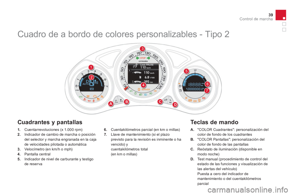 CITROEN DS4 2014  Manuales de Empleo (in Spanish) 39Control de marcha
   
 
1. 
  Cuentarrevoluciones (x 1.000 rpm) 
   
2. 
  Indicador de cambio de marcha o posición 
del selector y marcha engranada en la caja 
de velocidades pilotada o automátic