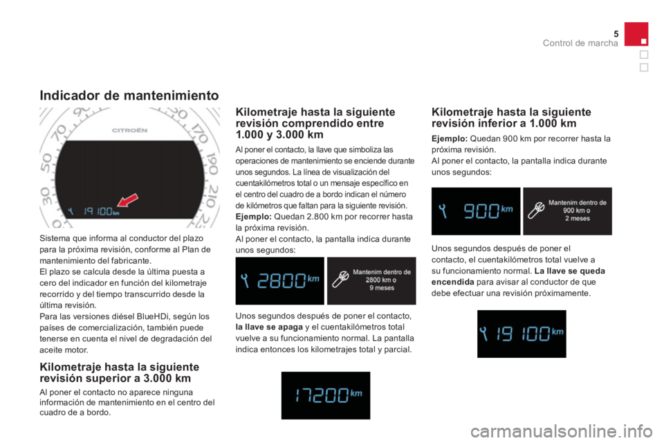 CITROEN DS4 2014 Manuales de Empleo (in Spanish) 5Control de marcha
Sistema que informa al conductor del plazo
para la próxima revisión, conforme al Plan de
mantenimiento del fabricante.
El plazo se calcula desde la última puesta a
cero d CITROEN DS4 2014 Manuales de Empleo (in Spanish) 5Control de marcha
Sistema que informa al conductor del plazo
para la próxima revisión, conforme al Plan de
mantenimiento del fabricante.
El plazo se calcula desde la última puesta a
cero d