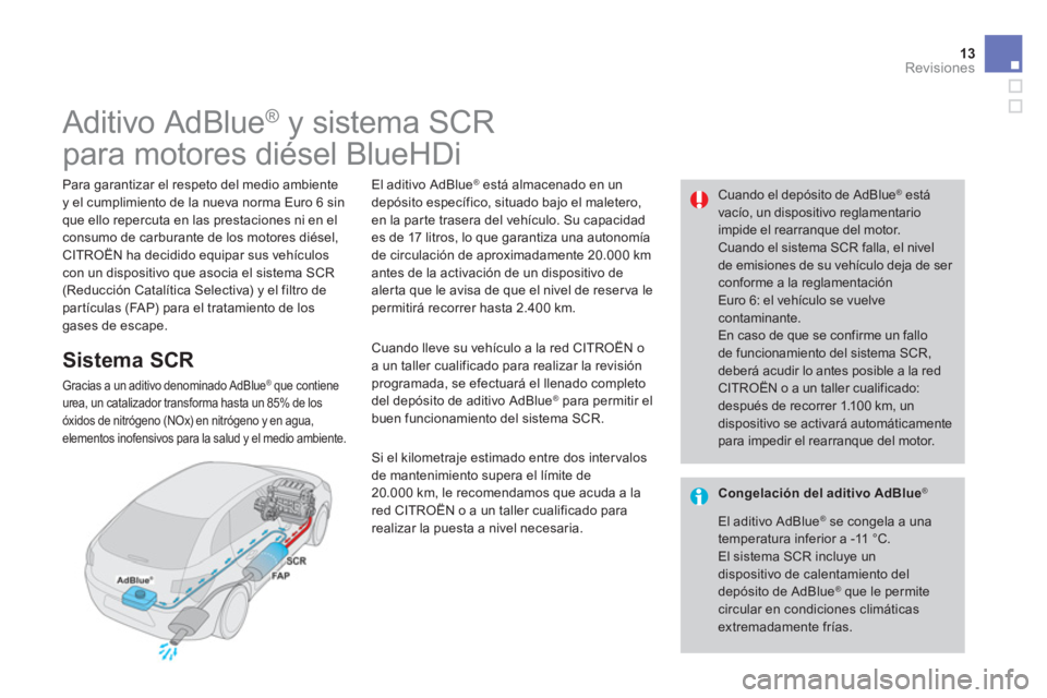 CITROEN DS4 2014  Manuales de Empleo (in Spanish) 13Revisiones 
                    Aditivo AdBlue®   y sistema SCR    
para motores diésel BlueHDi   
  Para garantizar el respeto del medio ambiente  y el cumplimiento de la nueva norma Euro 6 sin q