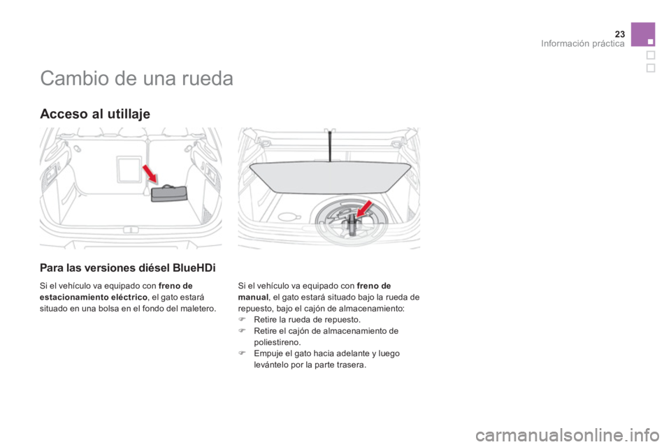 CITROEN DS4 2014  Manuales de Empleo (in Spanish) 23Información práctica
   
 
 
 
 
 
 
 
 
 
Cambio de una rueda 
 
 
Acceso al utillaje 
 
 
Para las versiones diésel BlueHDi 
 
Si el vehículo va equipado con  freno de 
manual 
, el gato estar