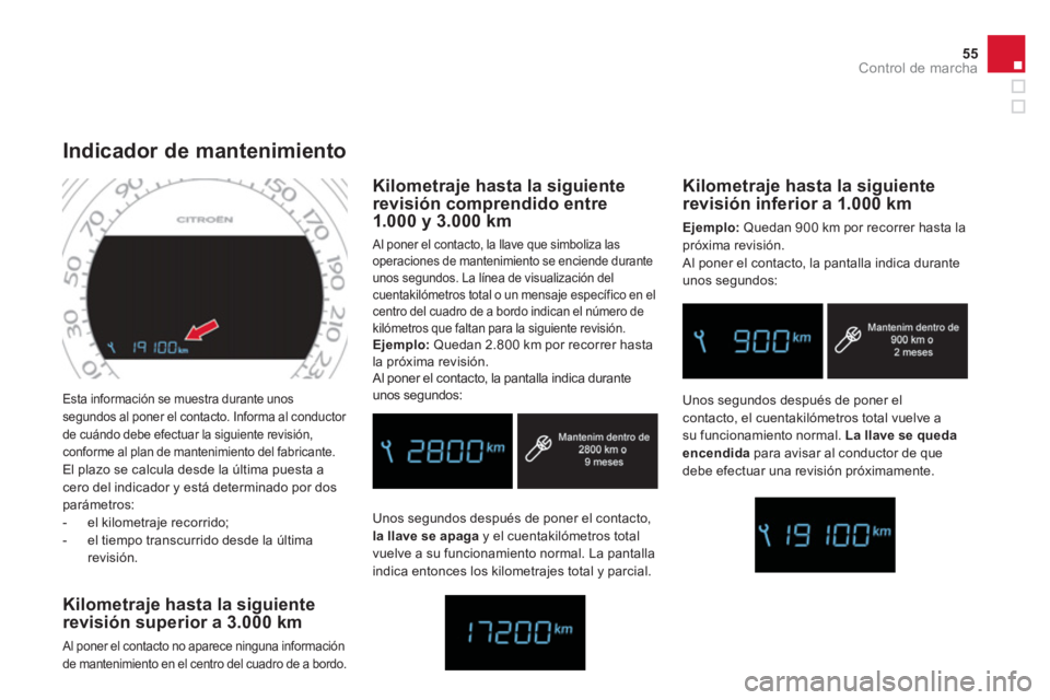 CITROEN DS4 2014 Manuales de Empleo (in Spanish) 55Control de marcha
Esta información se muestra durante unos
segundos al poner el contacto. Informa al conductor
de cuándo debe efectuar la siguiente revisión,
conforme al plan de mantenimient CITROEN DS4 2014 Manuales de Empleo (in Spanish) 55Control de marcha
Esta información se muestra durante unos
segundos al poner el contacto. Informa al conductor
de cuándo debe efectuar la siguiente revisión,
conforme al plan de mantenimient