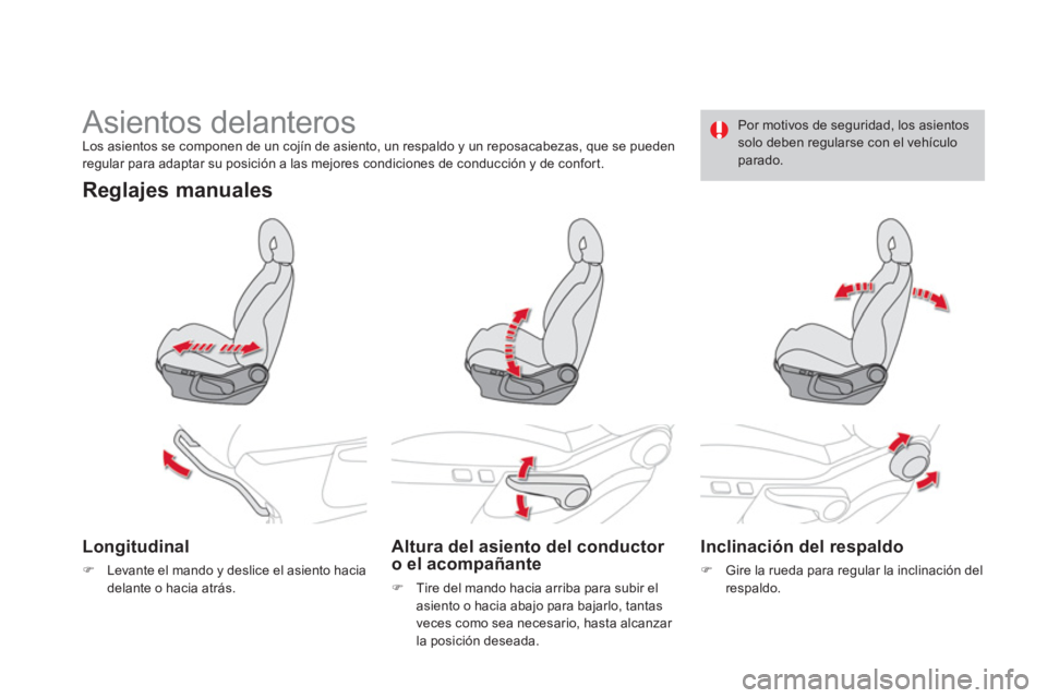 CITROEN DS4 2014  Manuales de Empleo (in Spanish)    
 
 
 
 
 
Asientos delanteros  
Los asientos se componen de un cojín de asiento, un respaldo y un reposacabezas, que se pueden 
regular para adaptar su posición a las mejores condiciones de cond