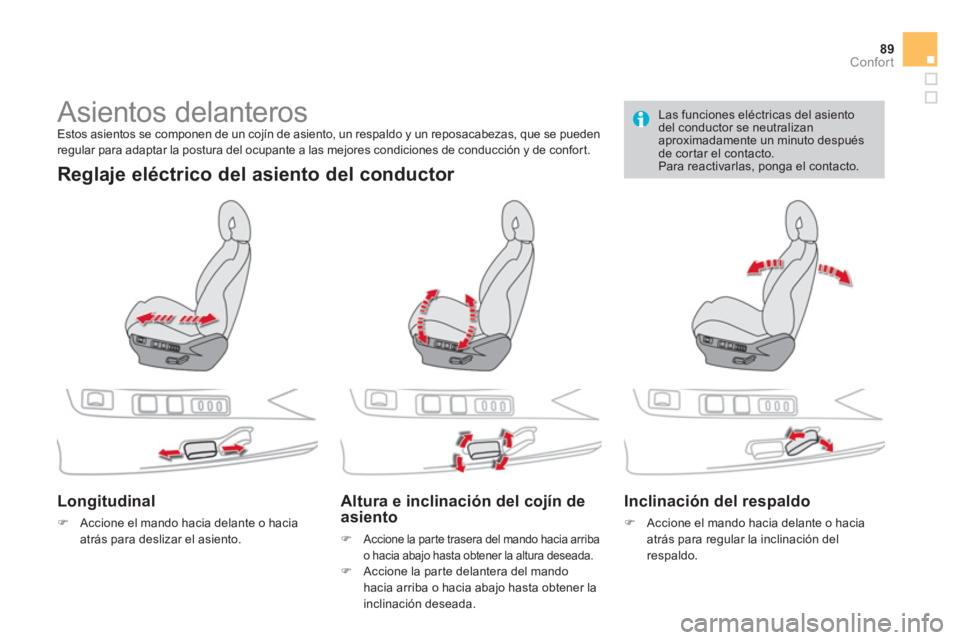 CITROEN DS4 2014  Manuales de Empleo (in Spanish) 89Confort
   
 
 
 
 
 
 
 
Asientos delanteros  
Estos asientos se componen de un cojín de asiento, un respaldo y un reposacabezas, que se pueden 
regular para adaptar la postura del ocupante a las 