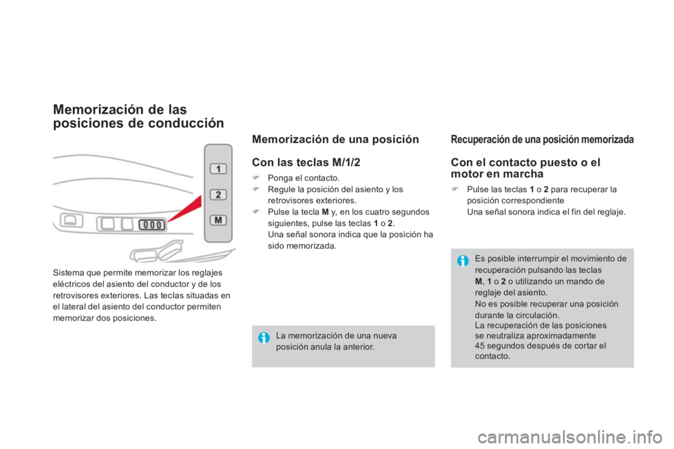 CITROEN DS4 2014  Manuales de Empleo (in Spanish)    
 
 
 
 
 
 
 
 
Memorización de las 
posiciones de conducción 
  Sistema que permite memorizar los reglajes 
eléctricos del asiento del conductor y de los 
retrovisores exteriores. Las tecIas s