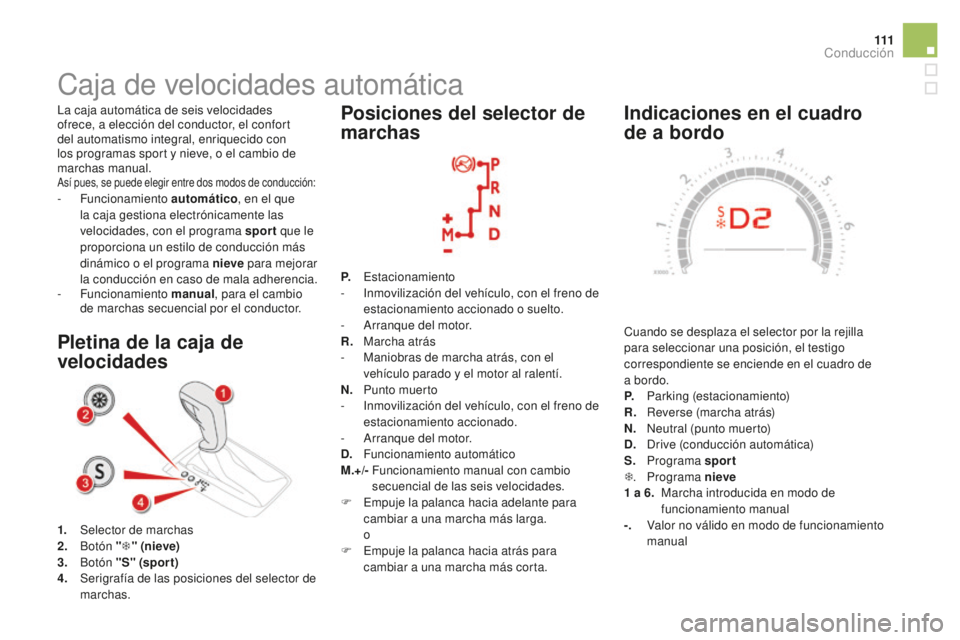 CITROEN DS5 2016 Manuales de Empleo (in Spanish) 111
DS5_es_Chap04_conduite_ed02-2015
indicaciones en el cuadro
de a bordo
Cuando se desplaza el selector por la rejilla
para seleccionar una posición, el testigo
correspondiente se enciende en el CITROEN DS5 2016 Manuales de Empleo (in Spanish) 111
DS5_es_Chap04_conduite_ed02-2015
indicaciones en el cuadro
de a bordo
Cuando se desplaza el selector por la rejilla
para seleccionar una posición, el testigo
correspondiente se enciende en el