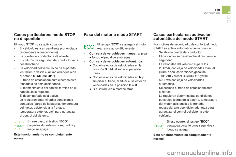 CITROEN DS5 2016 Manuales de Empleo (in Spanish) 11 9
DS5_es_Chap04_conduite_ed02-2015
Casos particulares: modo STOP
no disponible
El modo STOP no se activa cuando:
- E l vehículo está en pendiente pronunciada
(ascendente o descendente).
-
L
CITROEN DS5 2016 Manuales de Empleo (in Spanish) 11 9
DS5_es_Chap04_conduite_ed02-2015
Casos particulares: modo STOP
no disponible
El modo STOP no se activa cuando:
- E l vehículo está en pendiente pronunciada
(ascendente o descendente).
-
L