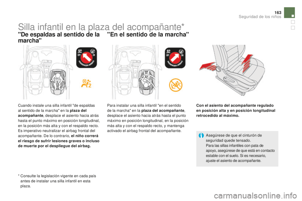 CITROEN DS5 2016  Manuales de Empleo (in Spanish) 163
DS5_es_Chap06_securite-enfants_ed02-2015
Silla infantil en la plaza del acompañante*
"De espaldas al sentido de la 
marcha""En el sentido de la marcha"
Asegúrese de que el cintur