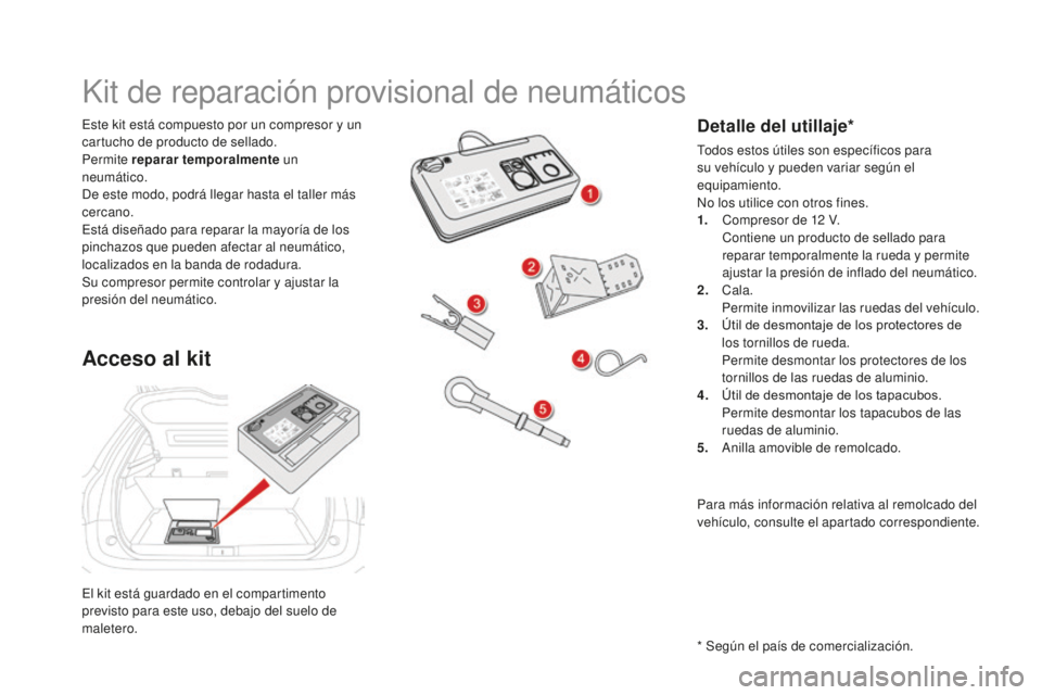 CITROEN DS5 2016 Manuales de Empleo (in Spanish) DS5_es_Chap08_info-pratiques_ed02-2015
El kit está guardado en el compartimento
previsto para este uso, debajo del suelo de
maletero. Este kit está compuesto por un compresor y un
cartucho de pro CITROEN DS5 2016 Manuales de Empleo (in Spanish) DS5_es_Chap08_info-pratiques_ed02-2015
El kit está guardado en el compartimento
previsto para este uso, debajo del suelo de
maletero. Este kit está compuesto por un compresor y un
cartucho de pro
